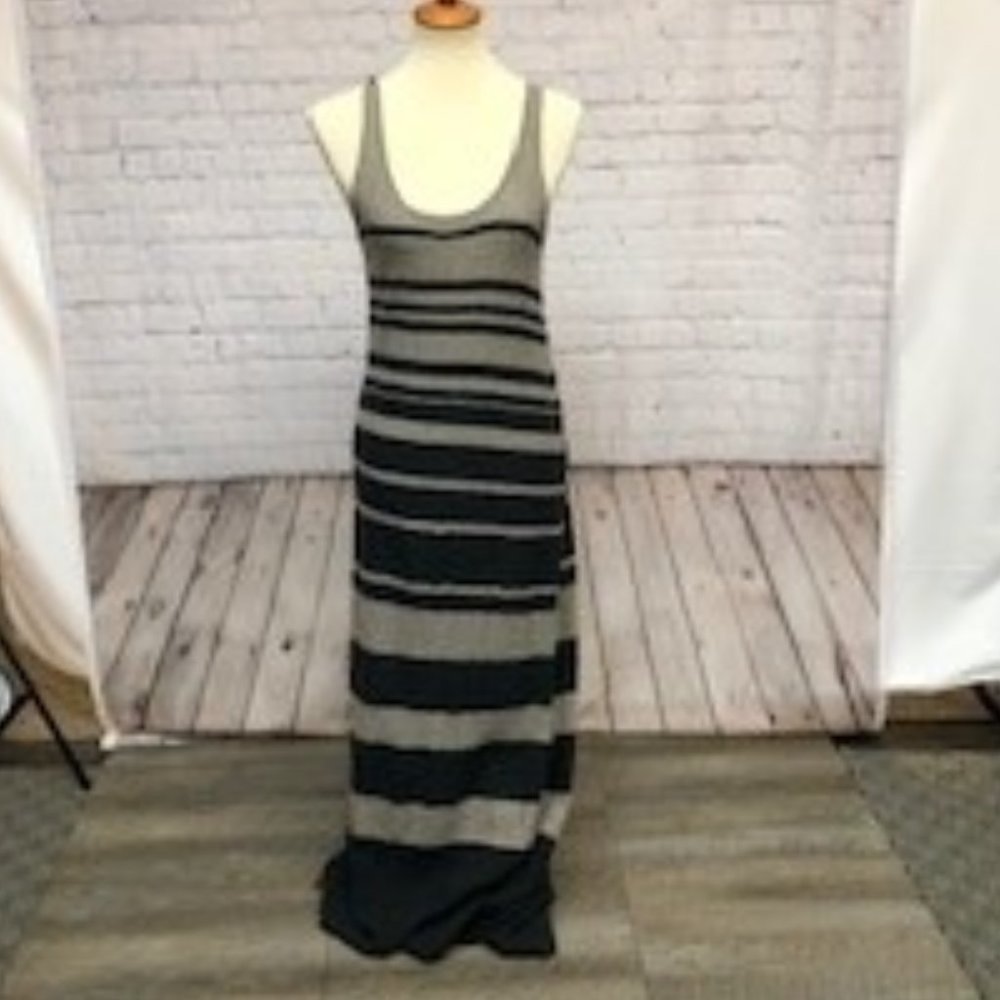 Vince Long Maxi dress.  Light weight knit taupe grey with dark blue stripes.